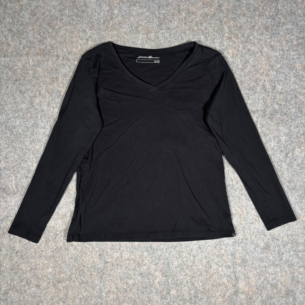 Eddie Bauer V-Neck Long Sleeve T-Shirt Womens XL Black Basic Top Distressed READ